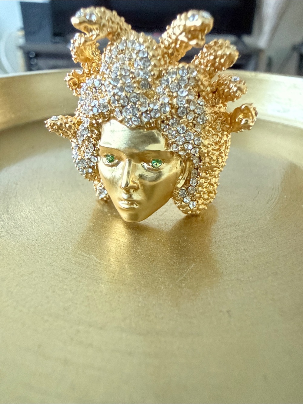 Fashion Jewelry Gold Medusa Head Ring with Clear Crystals and Green Eyes